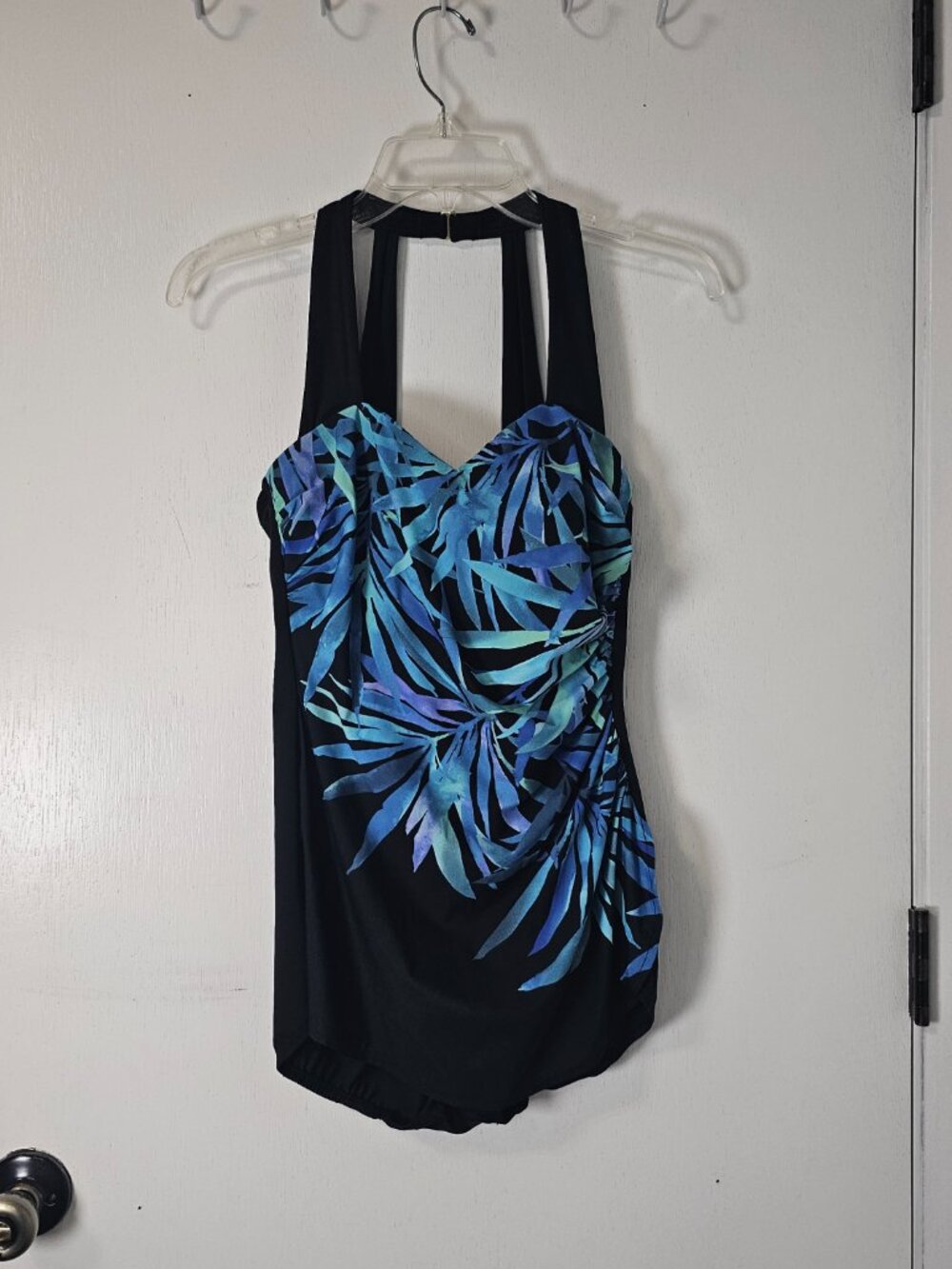 Land's End Black With Blue Purple Print Long Torso One Piece Swimsuit - Size 6L - Picture 2 of 6